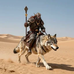 hobgoblin khan riding a wolf striding through the desert, warhammer, beksinski
