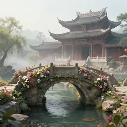 matte painting of an old oriental bridge decorated with flowers alongside above a small river stream next to a large chinese temple, realistic, 4 k, artstation, dreamy, fog, volumetric lighting