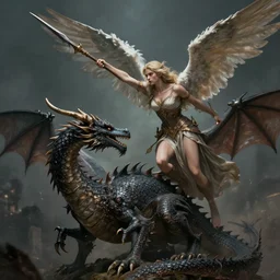 a n angel battling a dragon, the angle is striking the dragon with her spear, trending on artstation, award winning, highly detailed, epic, dark mood