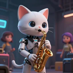 high quality 3 d render very cute cyborg cat plays saxophone, cyberpunk highly detailed, unreal engine cinematic smooth, in the style of blade runner & pixar, hannah yata charlie immer, moody light, low angle, uhd 8 k, sharp focus
