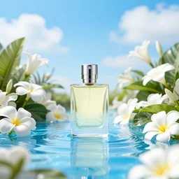 centered bright perfume bottle standing in clear blue rippling water surrounded by a plethora of white flowers and tropical leaves and fauna upfront, with dreamy bright blue sky and clouds in the background, illumination lighting, sharp focus, surreal photography, lois van baarle,
