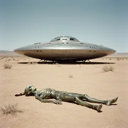 Alien bodies laying sprawled out on the ground next to a crashed UFO in a New Mexico desert. 1940s photograph.