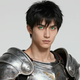 male with black short hair and green eyes wearing paladin armor, realistic, detailed eyes, detailed, 4k, illustration, muscle, handsome, fantasy