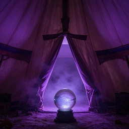 inside of a large + gypsy tent with a crystal ball, looking to the entrance, purple ambient light, light fog, mysterious artwork by gerald brom, 4 k