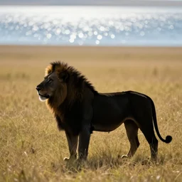 an male lion silhouette on the african plains, long grass, sparkling water, glistening, hyper realistic, hyper detailed, digital art, trending in artstation, cinematic lighting, studio quality, smooth render, unreal engine 5 rendered, octane rendered, by paul lehr