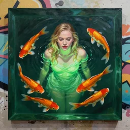 Elle Fanning in a glowing green tank of water surrounded by orange koi fish picture by Sachin Teng, asymmetrical, dark vibes, Realistic Painting , Organic painting, Matte Painting, geometric shapes, hard edges, graffiti, street art:2 by Sachin Teng:4