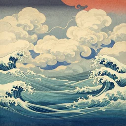 clouds and waves, an aesthetically pleasing, dynamic, energetic, lively, complex, intricate, detailed, well - designed digital art of a beach, ripples, waves, sea foam, light and shadow, overlaid with aizome patterns, shin - hanga by bob ross, traditional japanese colors, superior quality, masterpiece, featured, trending, award winning, hdr, hd, uhd, 4 k, 8 k, anamorphic widescreen