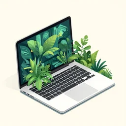 ( ( dither ) ), editorial illustration portrait of an isometric macbook pro with lush foliage overgrowth, modern art deco, ( ( mads berg ) ), christopher balaskas, victo ngai, rich grainy texture, detailed, dynamic composition, wide angle, matte print, art nouveau, unreal engine