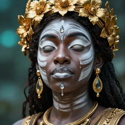 hyperrealistic post - classical cinematic very beautiful! oshun goddess with white eyes & mouth, yoruba white body paint, mirror dripping droplet, gold flowers, highly detailed digital art masterpiece, smooth etienne sandorfi eric zener dramatic pearlescent soft teal light, ground angle uhd 8 k, sharp focus