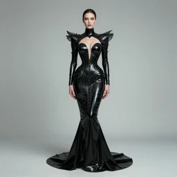a full body portrait of a woman by justin ridler wearing an intricate latex dress, face in the style of irakli nadar