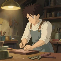 a wholesome anime key shot of a carpenter working in the workshop, medium shot, waist up, studio Ghibli, Pixar and Disney animation, sharp, Rendered in Unreal Engine 5, anime key art by Greg Rutkowski, Bloom, dramatic lighting