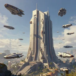 a picture of a building with a lot of spaceships flying in the air, a detailed matte painting by richard wright, trending on cgsociety, afrofuturism, concept art, matte painting, playstation 5 screenshot
