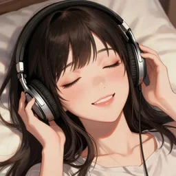 close up portrait of a photorealistic anime girl, absurdly beautiful, gorgeous, youthful, smiling, eyes closed, listening to music on headphones, laying down on a bed, an ultrafine hyperdetailed illustration by wlop, irakli nadar, intricate linework, ambient lighting, global illumination, trending on art station.