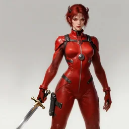 a female demon wearing a skintight red mechanics jumpsuit holding a sword, intricate, elegant, highly detailed, digital painting, artstation, concept art, smooth, sharp focus, illustration, art by artgerm and greg rutkowski and alphonse mucha, 8 k