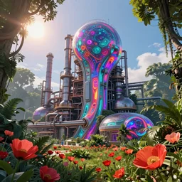 industrial architecture by moshe safdie, neon noir thermal imaging alien gem matte painting poppy morning sun nature biopunk rainforest junglepunk, archdaily, wallpaper, highly detailed, trending on artstation.