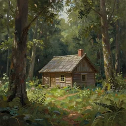 a painting of a cottage in the woods and empty woods, 8k, fantasy, hyper realistic, atmospheric