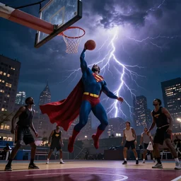 black adam from dc comics dunking a basketball over superman on a city court at midnight. a major magical lightning storm in the sky.