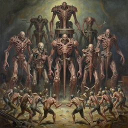 oil paint of 1 1 horrifying machines as autolysis idols, wearing flayed gods, in tiers, colossal medical gangrene machines in tiers, dethroning melee, battle pit melee, by shigeru komatsuzaki, by alberto bontempi, basil gogos, alex ross, wayne d barlowe, geof darrow, boris vallejo, stefano tamburini
