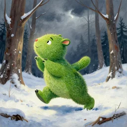 lush green chia pet animal frolicking in snowy woods, stormy skies. russian fairytale art, gouache, dynamic composition, backlighting