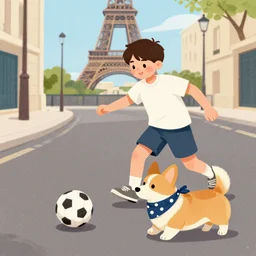 illustration of boy playing football with his dog on the streets of paris, his dog dog is a corgi that wears a polkadot scarf