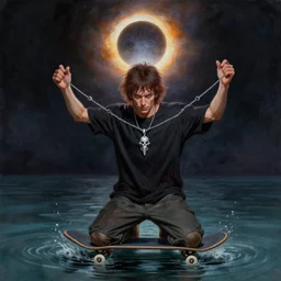 skateboarder character eric sparrow kneeling in shallow water holding outward a behelit necklace from berserk in front of an eclipse, dramatic detailed painting