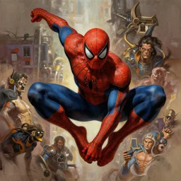spawn, ( ( ( ( ( spider - man ) ) ) ) ), digital painting masterpiece by frank frazetta and kim jung gi and mœbius and mike mignola, 4 k wallpaper, highly detailed, intricate brush strokes