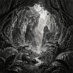 a beautiful pencil artwork of the void in a lush humid prehistoric jungle cave, mountains, cosmic horror, vines, water, black leaves, lush flora, volumetric lighting, haze, 8 k