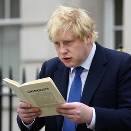 A photograph of Boris Johnson reading the communist manifesto