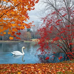 already the leaves of the maple are falling on the swanpool and on the bloodstained bushes of the late - ripening rowan, artwork by quendinburg mural