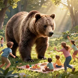 a bear entering in picnic are, people are panicking and running