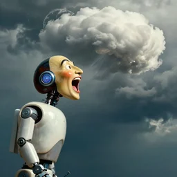 Photo of a Robot Salvador Dali screaming at a thunderous cloud