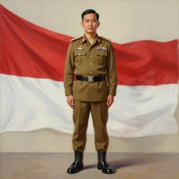 a realistic painting depicting a man wear brown veteran uniform, standing elegantly, wearing loafers, behind him is a detailed indonesian flag.