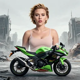 highly detailed, intricate, elegant, portrait, symmetrical, scarlett johansson with facial symetry! sitting a ( symmetrical kawasaki ninja )!!, post apocalyptic city landscape, wide angle lens, dramatic lighting, symmetrical apocalyptic cityscape, 3 d octane render, unreal engine 5, concept art, artgerm, full colour, vogue cover