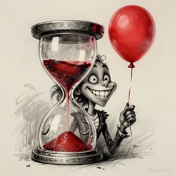 surrealism grunge cartoon portrait sketch of an hourglass with a wide smile and a red balloon by - michael karcz, loony toons style, corpse bride style, horror theme, detailed, elegant, intricate