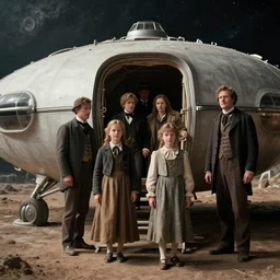 70mm still from a sci fi blockbuster movie, set in 1860, of a family leaving a spaceship, that has just landed on an alien planet, wearing 1850s era clothes, good lighting, 4k, HD, in focus, detailed faces