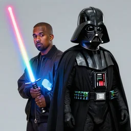 rapper kanye west and darth vader with a rainbow lightsaber, sci fi, artstation, high quality, detailed