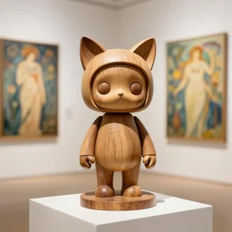 3D octane render ultra 8K photorealistic, a wooden sculpture art toys on a pedestal a very cute mystical robot of the bohemian with cat’s ears a contemporary art gallery in neo Paris by Alphonse Mucha
