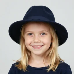 portrait of a smiling 2 5 - year - old french woman with angle 3 / 4 face nails pretty face, medium yellow blond hair, character with a hat, hair comes out of the hat a little