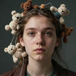 The thread of my mind has come loose like a stuffed animal unraveling, self portrait of bewilderment, cinematic, hyper realism, high detail, octane render, 8k