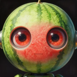 close up sci - fi concert poster watermelon robot eyes, melon skin, elegant, highly detailed, centered, digital painting, concept art, smooth, sharp focus, illustration, artgerm, tomasz alen kopera, peter mohrbacher, donato giancola, joseph christian leyendecker, wlop, frank frazetta