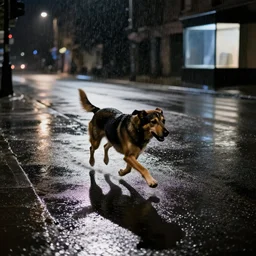 dog running under the rain in a street at night, shiny, dramatic, reflections, smooth, dark, high contrast, sharpness, by greg rutkowski and siudmak and edward hopper