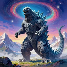 godzilla!!! in front of altai mountains by nicolas roerich, 8 k, super detailed, digital art, digital painting, celestial, majestic, colorful, front