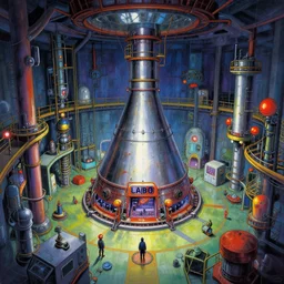 Colorful, creepy John Berkey landscape painting of detailed interior of giant scientific research facility LABO, area N, nuclear reactor, floor B2, anime key visual