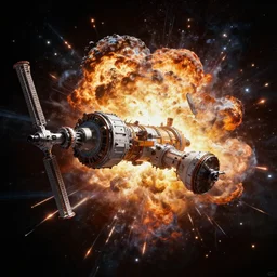 a space station exploding in space, hyperrealistic, artstation, concept art, unreal engine 4k, octane render