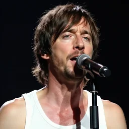 portrait of chester bennington face, in a white tank top singing, high detail, realistic, in the style of john singer sargent