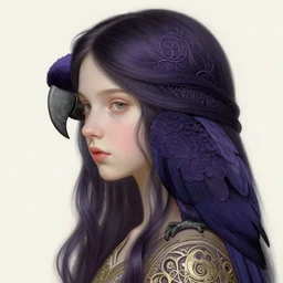 portrait of a young girl with a dark purple parrot, upper body, long hair, intricate, elegant, highly detailed, digital painting, artstation, concept art, matte, sharp focus, illustration, art by artgerm and greg rutkowski and alphonse mucha