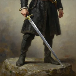 Detailed hyper-realistic oil painting of William Wallace holding a Scottish claymore sword with one foot on a rock, 4K