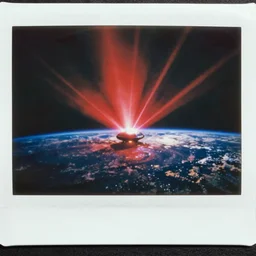 aged polaroid photo of a UFO sighting, firing lasers at the earth, wide view, film grain, red color bleed