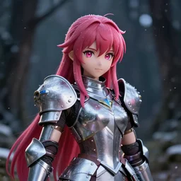 portrait focus of knight beautiful 3D anime girl, candy armor wearing, dark forest background, snowing, bokeh, inspired by Masami Kurumada, digital painting, high contrast, unreal engine render, volumetric lighting, high détail
