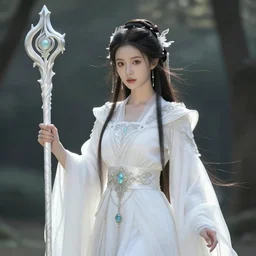 photograph of a real-life beautiful elemental air witch with ornate white robes and staff.  Extremely detailed. 8k